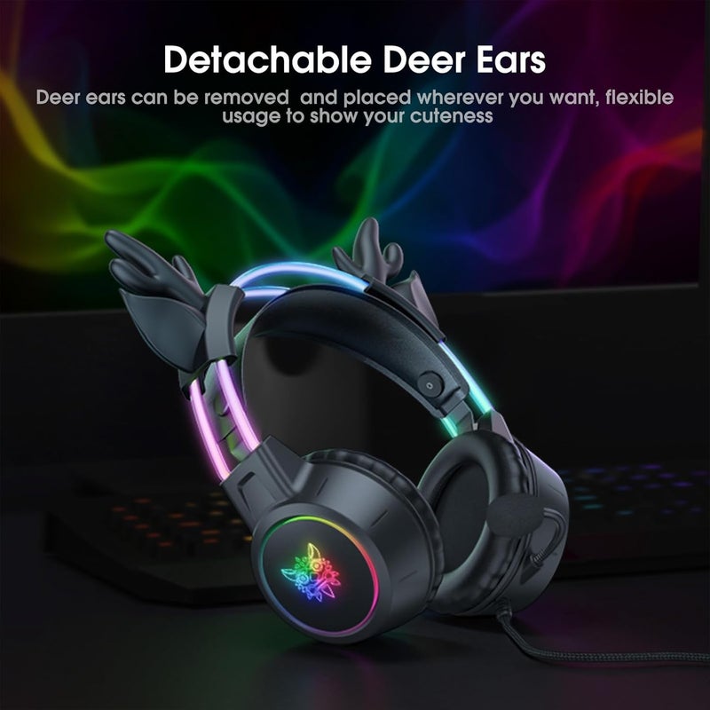 ONITOON Lightweight Gaming Headset with Detachable Deer Ear, RGB Lighting, Wired Over Ear Headphones with Mic for PC, PS4, PS5, Switch, Stereo Surround Sound, Self-Adjusting Headband - Image 2